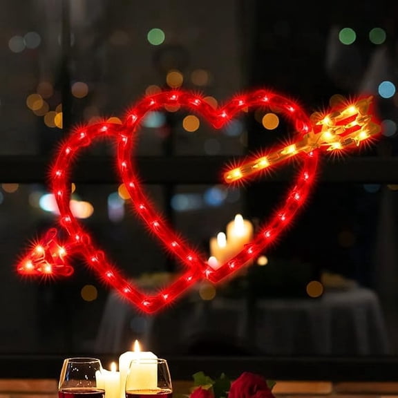 LAMPHOME 19 Inch 50Light Lighted Red Double Heart with Arrow Window Silhouette Decoration, Valentines Day Window Light