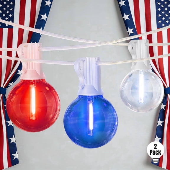 LAMPHOME Patriotic Red White Blue G40 Shatterproof Waterproof Outdoor LED Lights 2 Pack 26 Ft