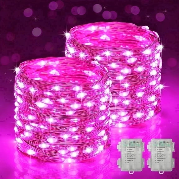 LAMPHOME 2 Pack 33FT 100LED Pink Battery Fairy Lights, Remote Timer Lights for Valentine's Day Decor