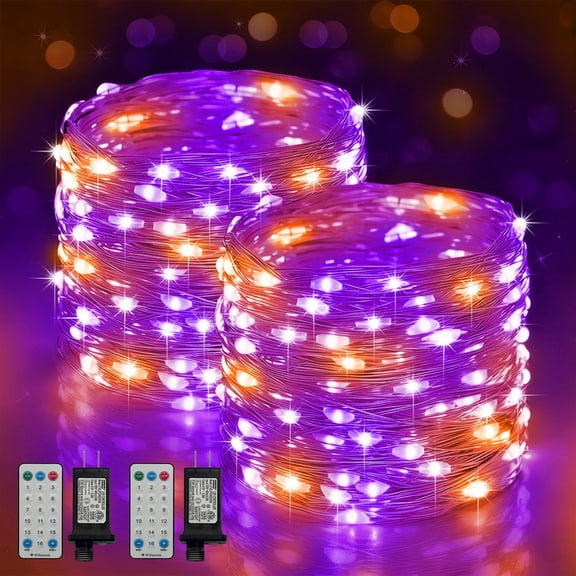 LAMPHOME 2 Pack Purple & Orange Plug-in Fairy Lights, 33Ft 100LED Waterproof String Lights, Halloween Indoor Outdoor Decor