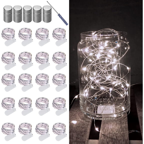 20 Pack Fairy Lights Battery Operated String Lights LED on 6.6FT Silvery Copper Wire Firefly for Wedding Party Mason Jar Christmas Decorations Bedroom Decor(White)