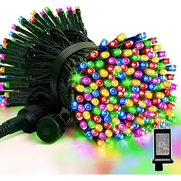 LAMPHOME 200 LED Multicolor Christmas String Lights - Green Grass Wire, Multi-Function 8 Modes, 30V Plug-In, for Holiday & Party Decor