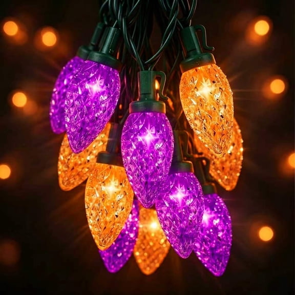 LAMPHOME 25 LED C9 Diamond Faceted Halloween String Lights, Green Wire, Orange & Purple Mixed Color, 120V Plug-in, Indoor & Covered Outdoor, Spooky Fall Decor for Yard, Porch, Tree