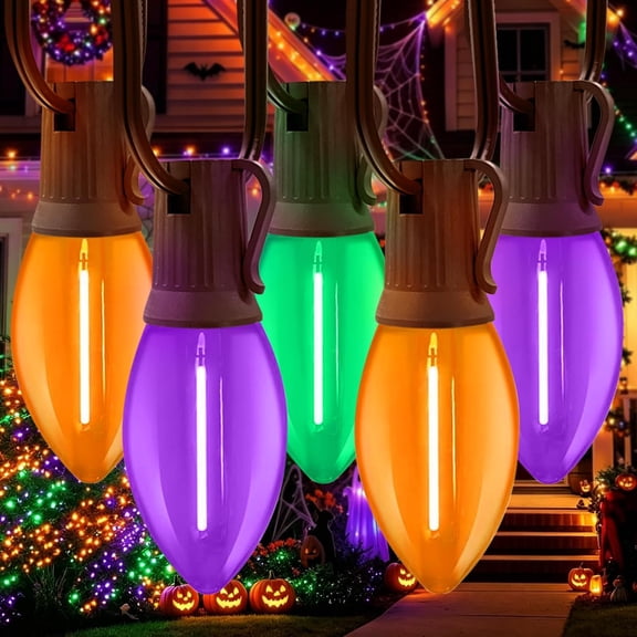 LAMPHOME 25 LED C9 Halloween String Lights, Brown Wire, Orange Purple Green Multi Mixed Color, 120V Plug-in, Indoor & Covered Outdoor, Spooky Fall Decor for Yard, Porch, Tree