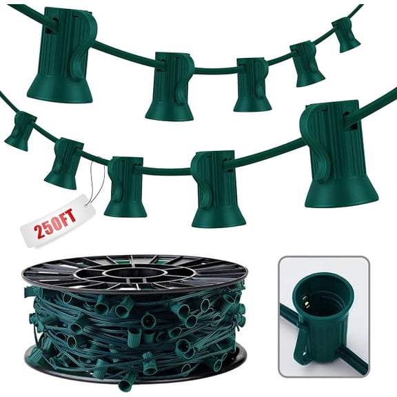 LAMPHOME 250FT C9 Empty Light String Cord, 250 E17 Intermediate Sockets Outdoor Christmas Light Wire, End-to-End Connectable Green Cable with 12 Inches Socket Spacing
