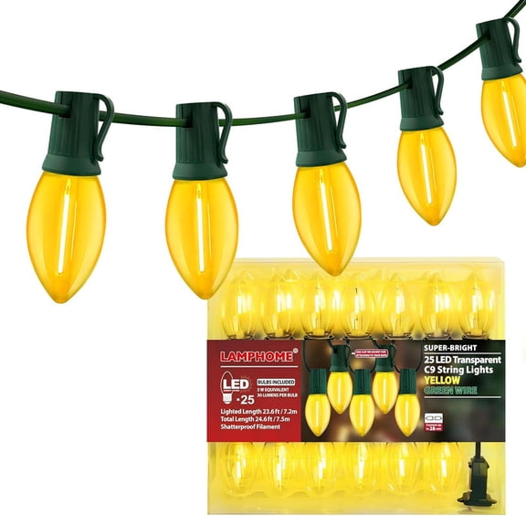 LAMPHOME 25FT C9 Vintage String Lights, 25 yellow LED bulbs with green wire. Waterproof outdoor lights ideal for Christmas, Easter, garden, patio and party decor.