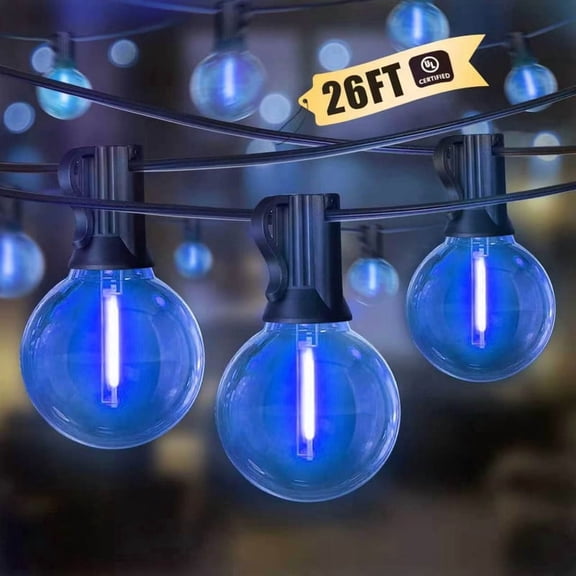 LAMPHOME 26FT Christmas LED String Lights, Blue 12+1 Shatterproof Edison Bulbs, Waterproof Connectable Dimmable Lights for Holiday Outdoor Decor