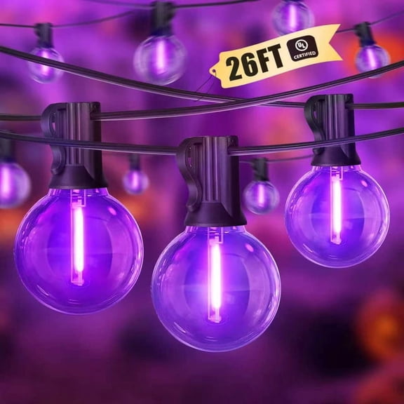 LAMPHOME 26FT Halloween LED String Lights, Purple 12+1 Shatterproof Edison Bulbs, Waterproof Connectable Dimmable Lights for Holiday Outdoor Decor