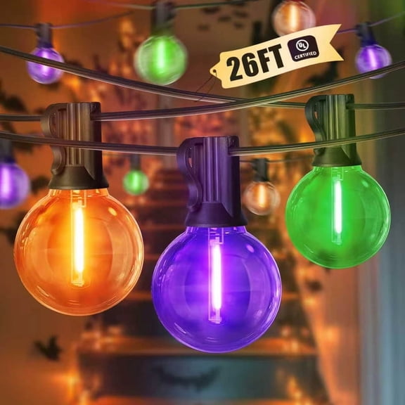 LAMPHOME 26FT Halloween LED String Lights, Purple Orange Green 12+1 Shatterproof Edison Bulbs, Waterproof Connectable Dimmable Holiday Outdoor Lights