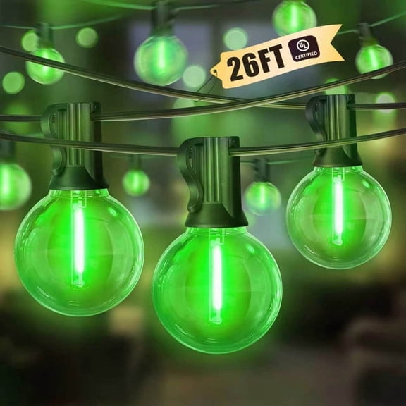 LAMPHOME 26FT St. Patrick's Day LED String Lights, Green 12+1 Shatterproof Edison Bulbs, Waterproof Connectable Dimmable Lights for Holiday Outdoor Decor