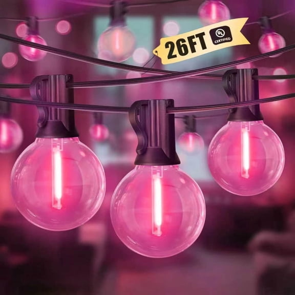 LAMPHOME 26FT Valentine's Day LED String Lights, Pink 12+1 Shatterproof Edison Bulbs, Waterproof Connectable Dimmable Lights for Holiday Outdoor Decor