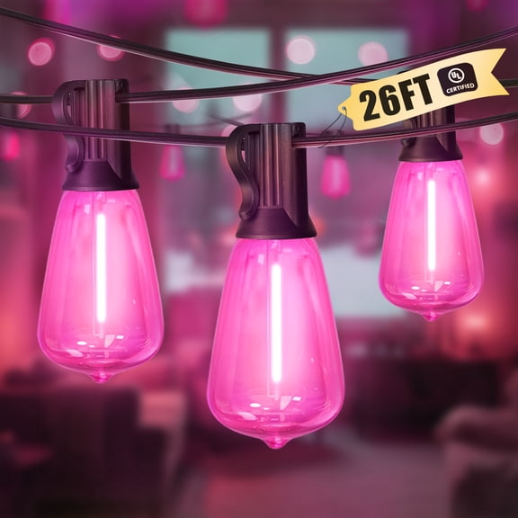 LAMPHOME 26Ft ST38 Outdoor String Lights, LED Patio Lights with 12+1 ST38 Edison Bulbs - Shatterproof Outside String Lights for Bistro Christmas Patio Party Decorations(Pink)