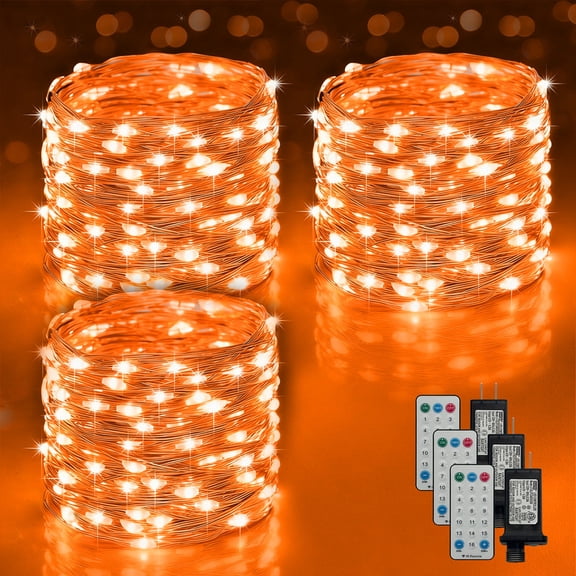 LAMPHOME 3 Pack Orange Plug-in Fairy Lights, 33Ft 100LED Waterproof String Lights, Halloween Indoor Outdoor Decor
