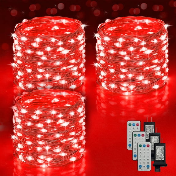 LAMPHOME 3 Pack Red Plug-in Fairy Lights, 33Ft 100LED Waterproof String Lights with Adapter, Valentine's Day Mother's Day Indoor Outdoor Decor