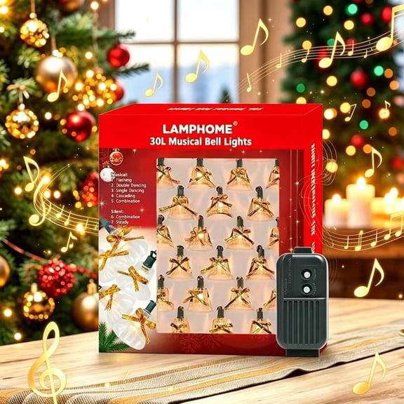 LAMPHOME 30-Count Christmas Musical Bell String Lights, 25 Holiday Songs, 7 Lighting Modes, Clear Bulbs, Green Wire and Yellow Bells for Indoor Christmas Tree Decor