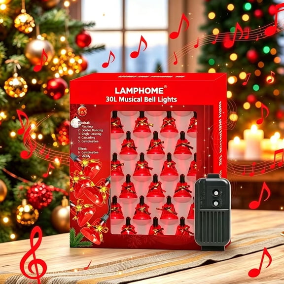 LAMPHOME 30-Count Christmas Musical Bell String Lights, 25 Holiday Songs, 7 Lighting Modes, Red Bulbs, Green Wire & Red Bells for Indoor Xmas Tree Decor