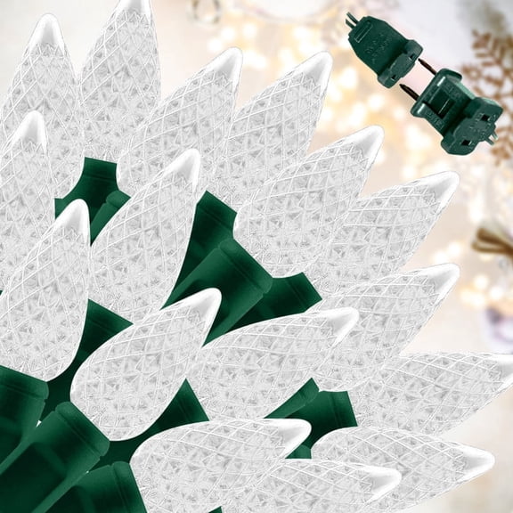 LAMPHOME 30 LED C6 Diamond Faceted String Lights, Green Wire, White Lights for Indoor Outdoor Holiday Decoration
