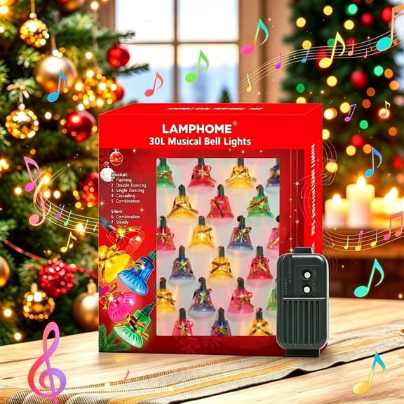 LAMPHOME 30 LED Christmas Musical Bell String Lights, 25 Holiday Songs, 7 Lighting Modes, Multicolor Bells & Green Wire for Indoor Xmas Decor