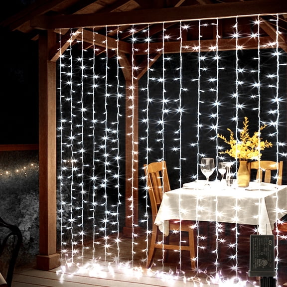 LAMPHOME 300 LED Plug-in Curtain Lights, White. Hanging fairy lights for windows and walls, great for bedroom backdrops, weddings and indoor party decor.