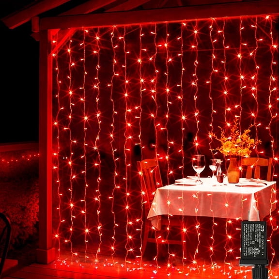 LAMPHOME 300 LED Red Plug-in Curtain Lights. Wall & window hanging string lights, perfect for bedroom backdrops, weddings, parties, Mothers Day and Valentines Day decor.