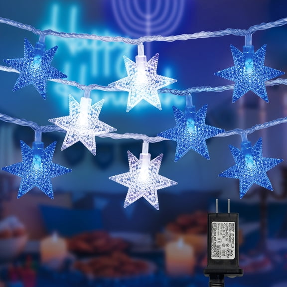 LAMPHOME 33FT 100LED Hexagon Star String Lights, White+Blue Light, Clear Wire, 8 Modes, Plug-in with Male-Female Connector, 29V