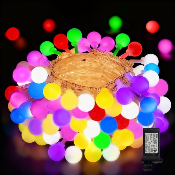 LAMPHOME 33FT 100LED Milky Globe String Lights, 7-Color (Red/Green/Pink/Yellow/Blue/Purple/White), Clear Wire, 8 Modes, Plug-in 29V