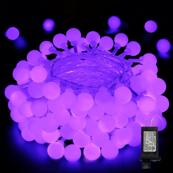 LAMPHOME 33FT 100LED Milky Globe String Lights, Purple, Clear Wire, 8 Modes, Plug-in with Male-Female Connector, 29V, Holiday Wedding Decor