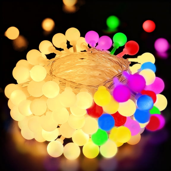 LAMPHOME 33FT 100LED Milky Globe String Lights, Warm+Multicolor, Clear Wire, 12 Modes, Plug-in with Male-Female Connector, 29V, Party Decor