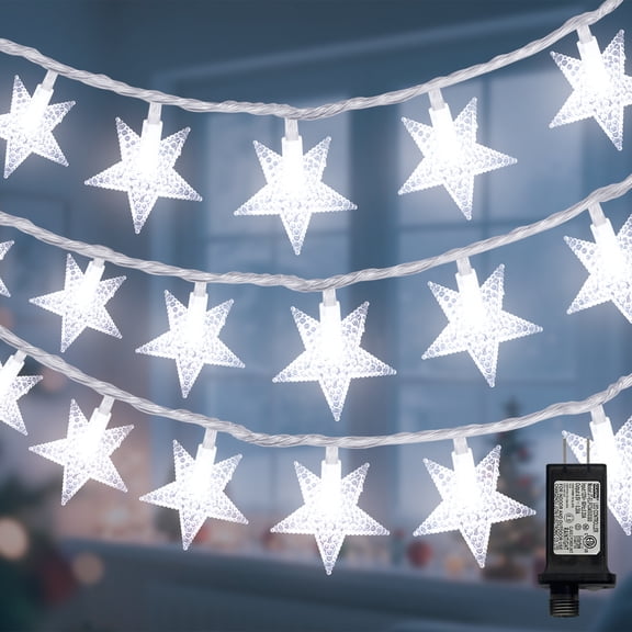 LAMPHOME 33FT 100LED Star String Lights, Cool White, Clear Wire, 8 Modes, Plug-in with Male-Female Connector, 29V, Holiday Garden Decor