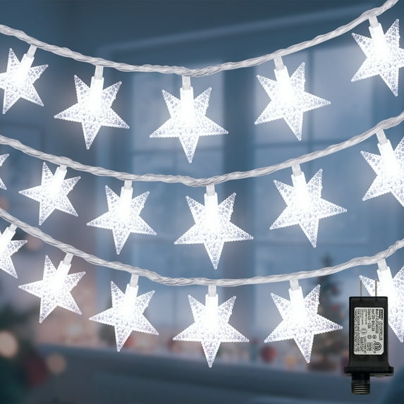 LAMPHOME 33FT 100LED Star String Lights, Cool White, Clear Wire, 8 Modes, Plug-in with Male-Female Connector, 29V, Holiday Garden Decor