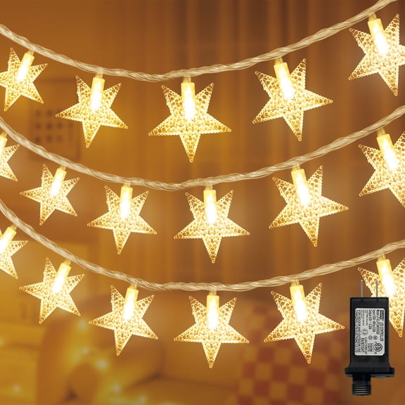 LAMPHOME 33FT 100LED Star String Lights, Warm White, Clear Wire, 8 Modes, Plug-in with Male-Female Connector, 29V, Indoor Outdoor Tree Decor