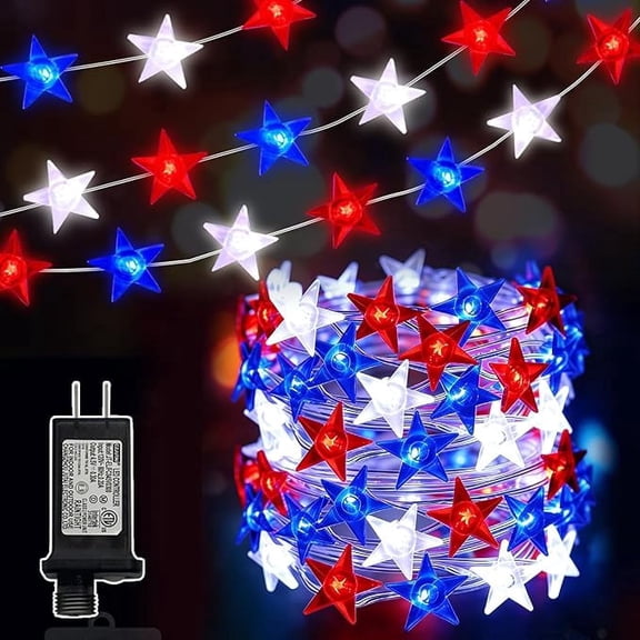 LAMPHOME 33FT Red White Blue Patriotic Lights, 100 LED Plug-In Fairy Lights 16 Modes Timer, 4th of July Home Garden Decor