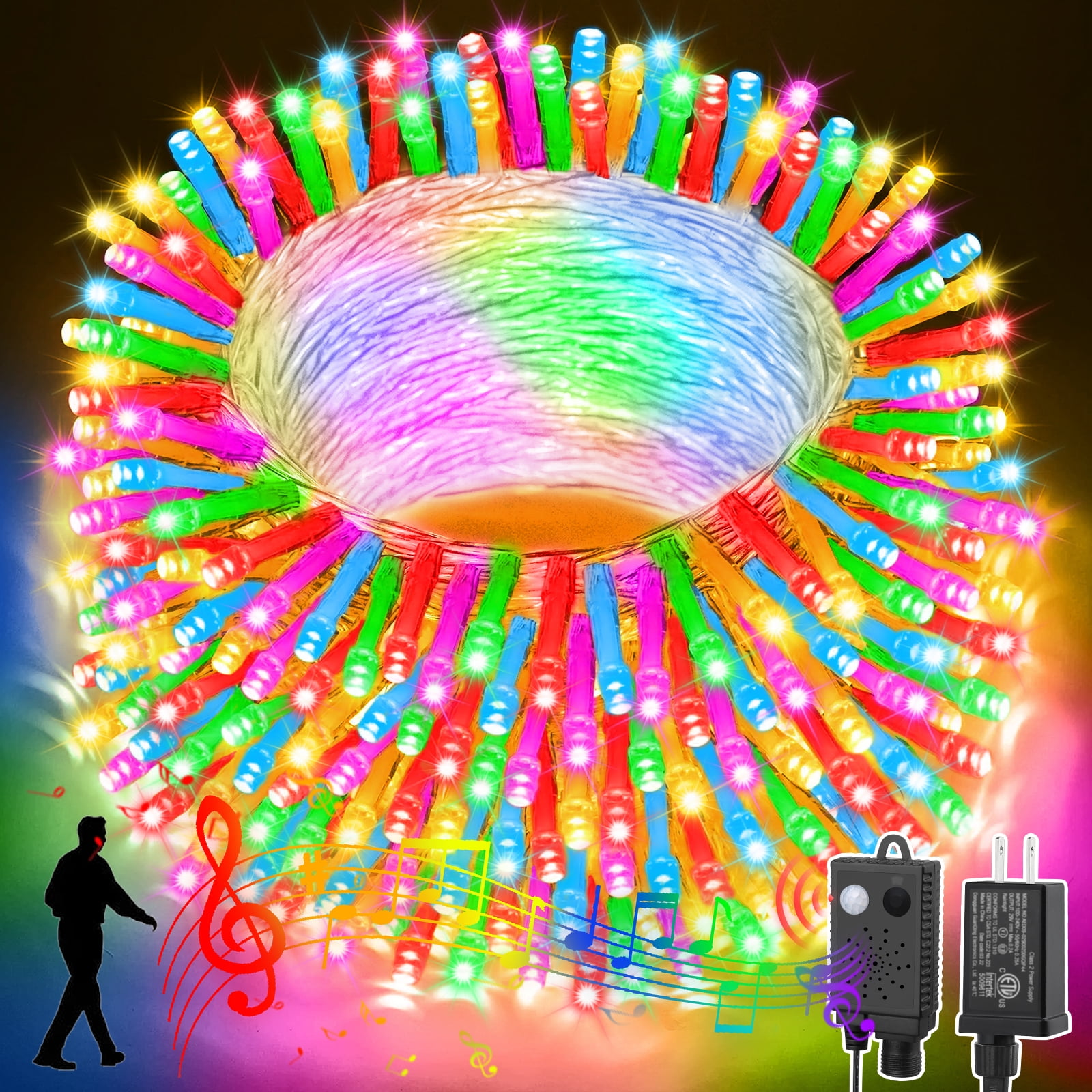 LAMPHOME 33ft Music Christmas Mini Lights,100 LED Fairy Starry String Light Plug in for Indoor Outdoor Xmas Tree Wedding Party Decoration (Red+Green+Pink+Ice Blue+Yellow)