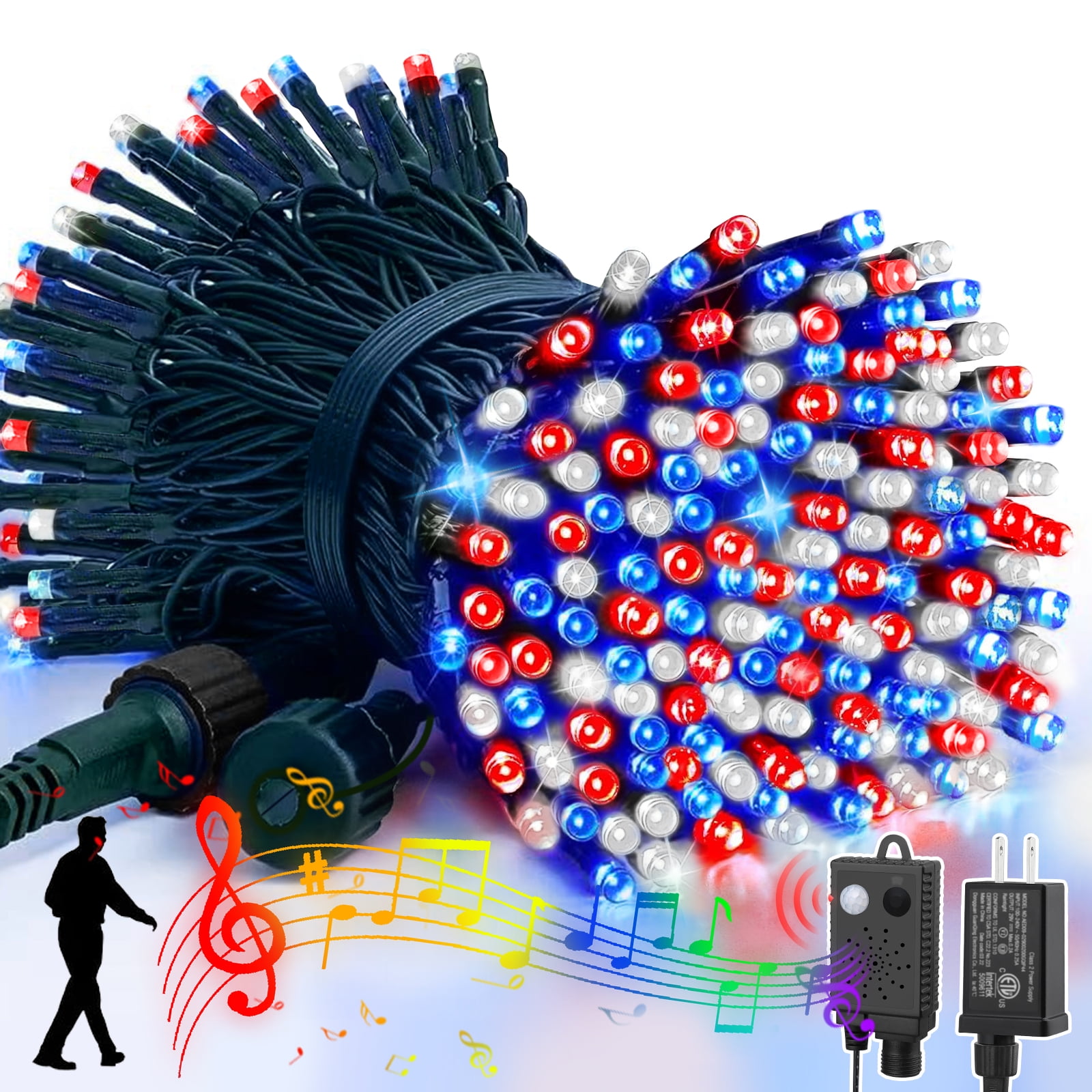 LAMPHOME 33ft Music Christmas Mini Lights (Green Wire),100 LED Fairy Starry String Light Plug in for Indoor Outdoor Xmas Tree Wedding Party Decoration (White+Red+Blue)