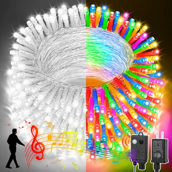 LAMPHOME 33ft Music Christmas Mini Lights (Stepless Dimming),100 LED Fairy Starry String Light Plug in for Indoor Outdoor Xmas Tree Wedding Party Decoration (White+Four Colors)