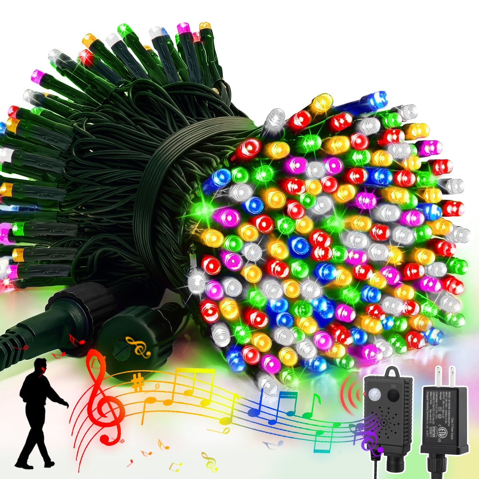 LAMPHOME 33ft Music Christmas Mini Lights (Stepless Dimming,Green Wire),100 LED Fairy Starry String Light Plug in for Indoor Outdoor Xmas Tree Wedding Party Decoration (White+Four Colors)