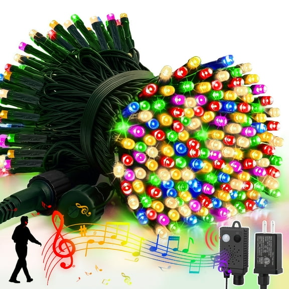 LAMPHOME 33ft Music Christmas Mini Lights (Stepless Dimming,Green Wire),100 LED Fairy Starry String Light Plug in for Indoor Outdoor Xmas Tree Wedding Party Decoration (Warm White+Four Colors)