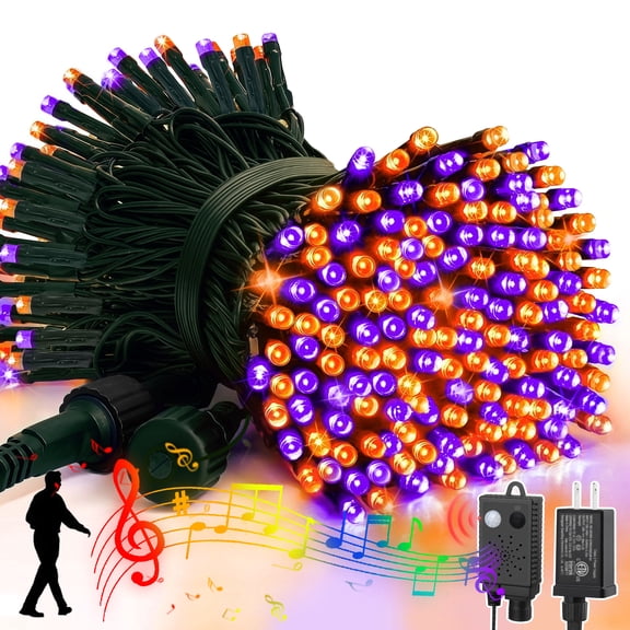LAMPHOME 33ft Music Christmas Mini Lights (Stepless Dimming,Green Wire),100 LED Fairy Starry String Light Plug in for Indoor Outdoor Xmas Tree Wedding Party Decoration (Purple+Orange)