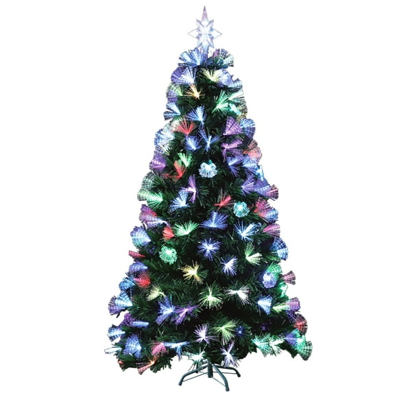 LAMPHOME 3FT Pre-Lit Christmas Tree, Fiber Optic Artificial Xmas Tree with Multicolor Lights, Top Star, Foldable Metal Base, RGB Fiber Optic Tree T for Indoor Holiday Home Decoration