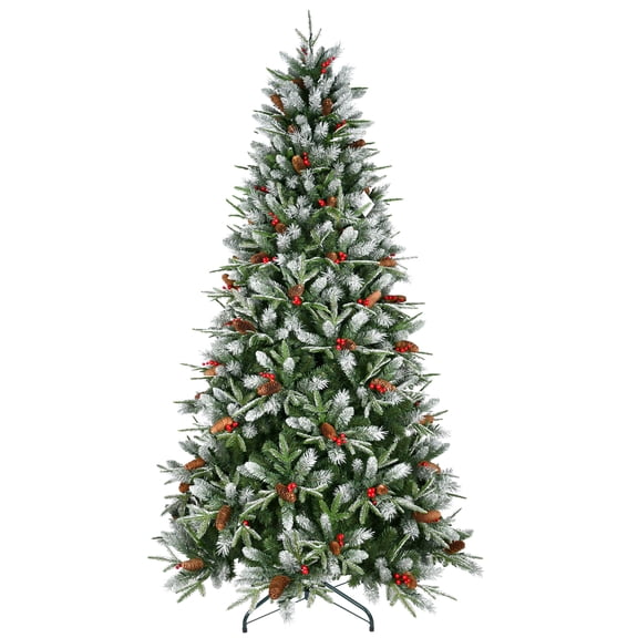 LAMPHOME 4ft PE/PVC Artificial Christmas Tree with 747 Lush Branch Tips, 35 Red Fruit & 35 Pine Cones, 3-Part Hinged Design, Metal Stand Xmas Tree for Holiday Dcor