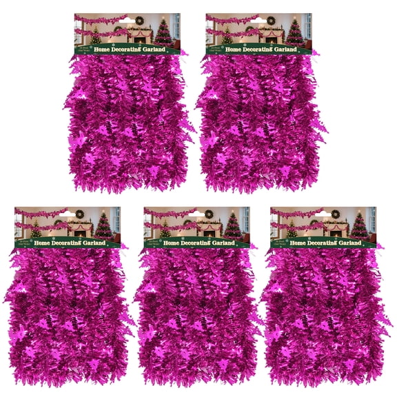 LAMPHOME 5 Pack 10ft Pink Tinsel Garland, 3.5in (9cm) Wide Glitter Metallic Twist Garland, Festive Decor for Christmas Tree, Wedding, Party