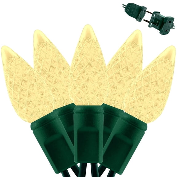 LAMPHOME 50 LED C6 Diamond Faceted String Lights, Green Wire, Warm White Lights for Indoor Outdoor Holiday Decoration