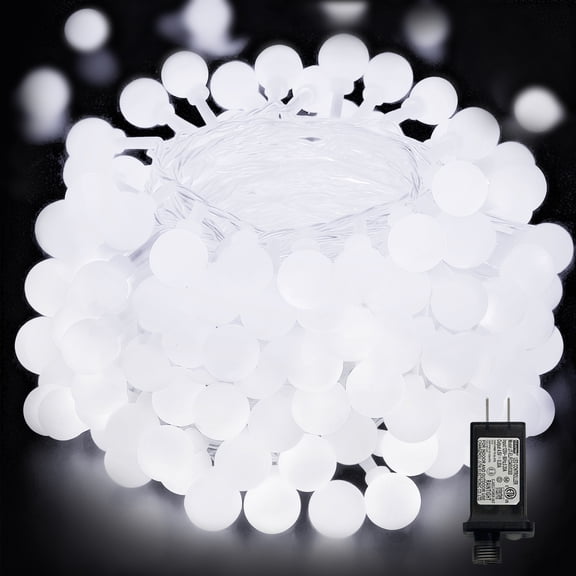 LAMPHOME 66FT 200LED Milky Globe String Lights, Cool White, Clear Wire, 8 Modes, Plug-in with Male-Female Connector, 29V, Holiday Party Decor