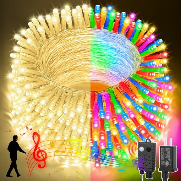 LAMPHOME 66ft Music Christmas Mini Lights (Stepless Dimming),200 LED Fairy Starry String Light Plug in for Indoor Outdoor Xmas Tree Wedding Party Decoration (Warm White+Four Colors)