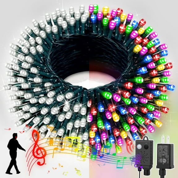 LAMPHOME 66ft Music Christmas Mini Lights (Stepless Dimming,Green Wire),200 LED Fairy Starry String Light Plug in for Indoor Outdoor Xmas Tree Wedding Party Decoration (White+Four Colors)