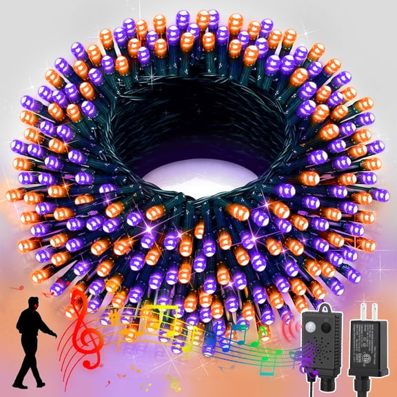 LAMPHOME 66ft Music Christmas Mini Lights (Stepless Dimming,Green Wire),200 LED Fairy Starry String Light Plug in for Indoor Outdoor Xmas Tree Wedding Party Decoration (Purple+Orange)