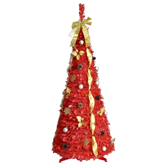 LAMPHOME 6ft Pop-Up Pre-lit Artificial Christmas Tree, 150 Warm White LEDs, Ribbons/Bows/Flowers/Snowflakes/Pine Cones/Balls, 2-Part Wrap, Plastic Stand, Holiday Dcor