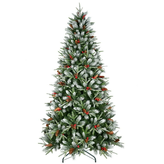 LAMPHOME 7.5ft PE/PVC Artificial Christmas Tree with 2514 Lush Branch Tips, 83 Red Fruit & 83 Pine Cones, 3-Part Hinged Design, Metal Stand Xmas Tree for Holiday Décor