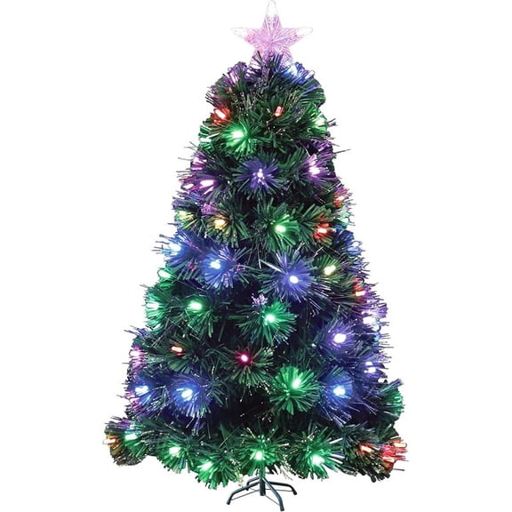 LAMPHOME 7FT Artificial Fiber Optic Christmas Tree, Pre-Lit Dual Color Bulbs, Built-in Tree Topper Star, Foldable Metal Stand, Indoor Holiday Home Decoration