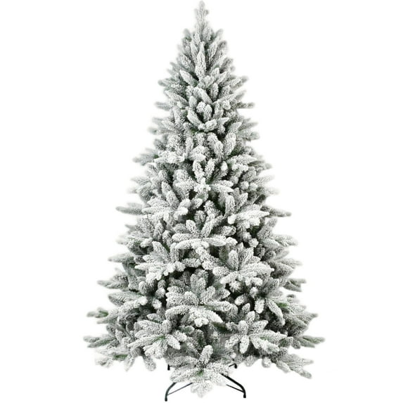 LAMPHOME 7ft PE/PVC Mixed Flocked Artificial Christmas Tree, 1514 Branch Tips, 3-Part Hinged, Memory Wire, Metal Stand, Green & White, Winter Holiday Décor
